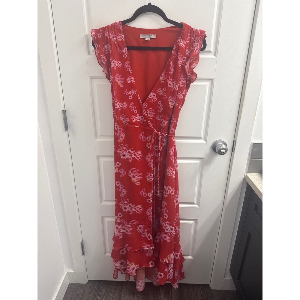 All Saints Red Floral Wrap Dress Flutter Sleeve Ruffle Midi High Low US 2 UK 6